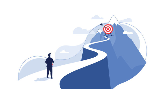 Ambitious businessman looking at a winding path leading to a target on a high mountain peak representing long term career goals and challenges.