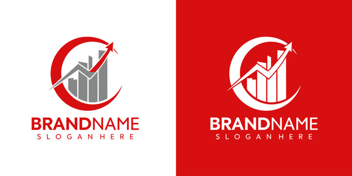 Business logos with graphs and arrows on white and red backgrounds