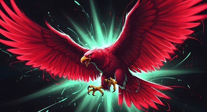 Majestic red eagle flying with glowing light effects on dark background