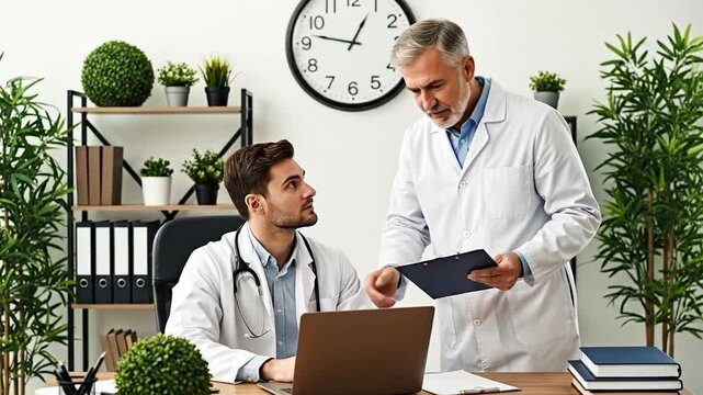 Medical Consultation: Two doctors in white coats, engaged in a focused discussion over a clipboard in a well-lit office, with indoor plants and a classic clock.