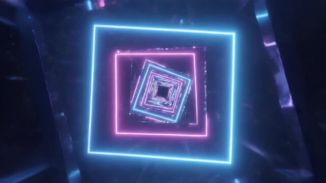 A mesmerizing abstract composition features nested glowing squares in shades of blue and pink against a dark, starry background.