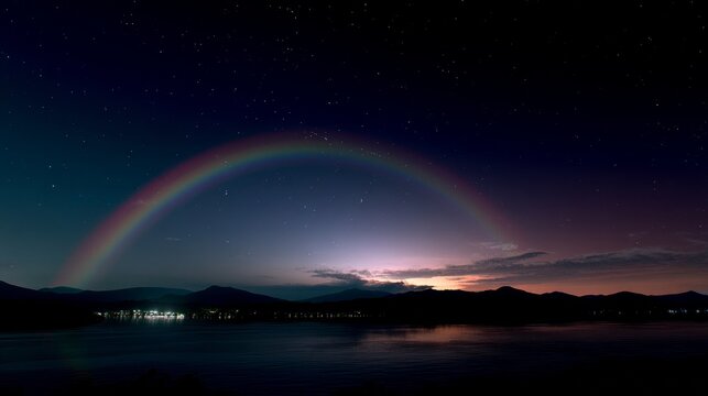 As the moonlight faded, a soft rainbow appeared in the night sky, its colors faint yet mesmerizing, creating a bridge between the stars and earth, a silent promise of beauty in the dark. 