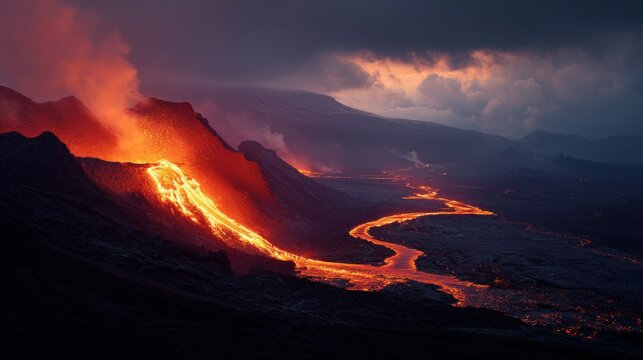 Molten lava drifts slowly down the volcano&rsquo;s side. It casts an eerie orange glow over the land. The earth trembles quietly beneath. It seems as if nature&rsquo;s hidden fury still burns below.