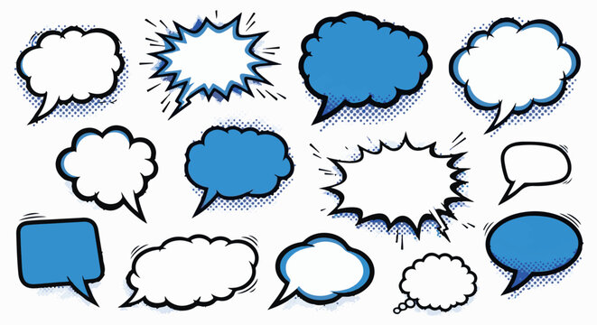 Collection of comic book style speech and thought bubbles in blue