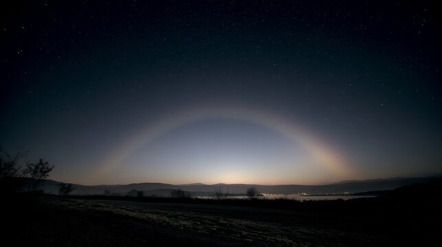 As the moonlight faded, a soft rainbow appeared in the night sky, its colors faint yet mesmerizing, creating a bridge between the stars and earth, a silent promise of beauty in the dark.