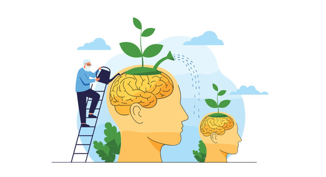 Elderly gardener standing on a ladder and watering green plants growing out of human heads representing the cultivation of wisdom and experience.