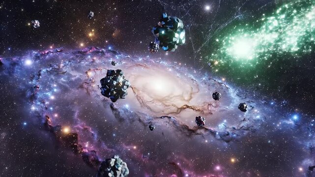A stunning digital artwork depicts a vibrant spiral galaxy surrounded by numerous floating, blocky structures against a backdrop of countless stars and cosmic dust.