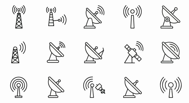Collection of communication towers, satellites, and dish antennas