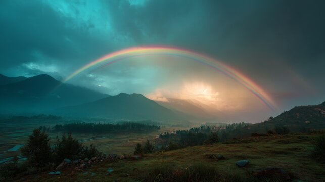 As the last drops of rain fell from the sky, the air shimmered with freshness, and a brilliant arc of colors stretched across the heavens, painting the world below in hues of hope and renewal. 