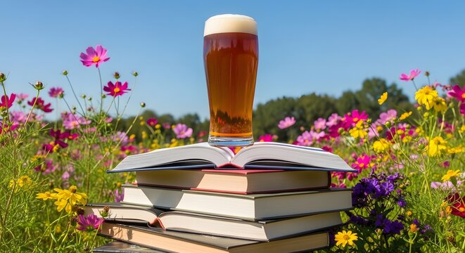 World Photography Day Glass of beer balanced on stack of books in wildflower meadow