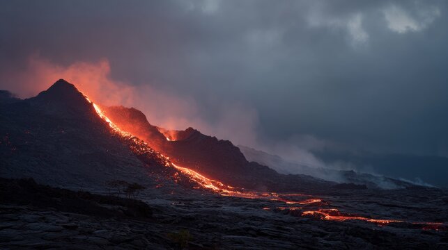Molten lava slowly flows down the volcano&rsquo;s side. It bathes the landscape in an eerie orange glow. The earth trembles beneath its weight. It feels like nature&rsquo;s deep fury still burns below.