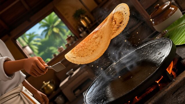 Chef expertly flips a crispy golden dosa in a traditional kitchen cooking over an open fire showcasing authentic Indian cuisine.