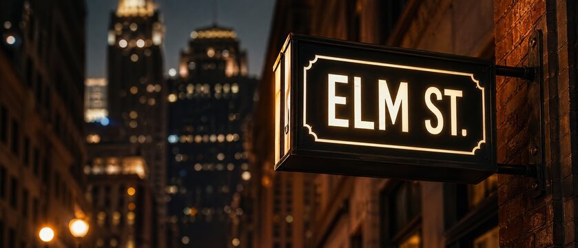 Illuminated elm street sign in dark urban city night scene with illumination downtown building location navigation