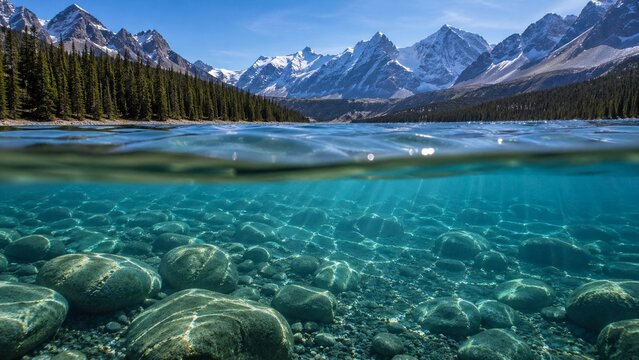 Snowy mountain peaks tower above a crystal clear alpine lake with smooth stones resting on the shallow sandy bottom under a bright sunny blue sky