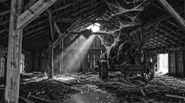 Black and White Atmospheric Inside of Abandoned Barn with Sunlight Shining on a Bird's Nest