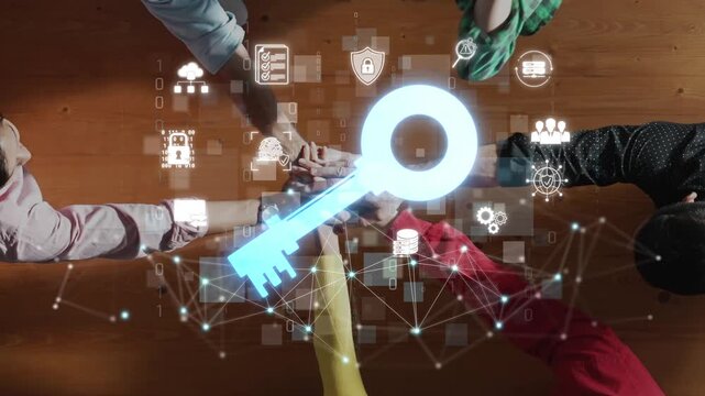Digital security concept with key symbol and diverse hands showing collaboration in technology, data protection and cybersecurity themes on wooden table Sigmoid