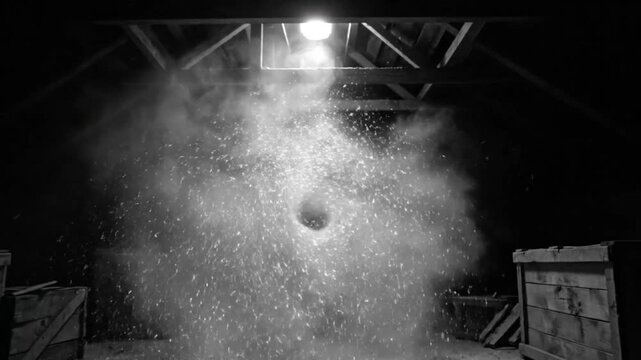 Whirlwind of particles emanating from dark space with illuminated ceiling in a dusty, rustic atmosphere
