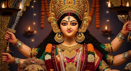 Fototapeta premium beautiful hindu goddess with multiple arms in traditional attire, spiritual and religious illustration symbolizing power and devotion, perfect for festival, culture, and stock design projects