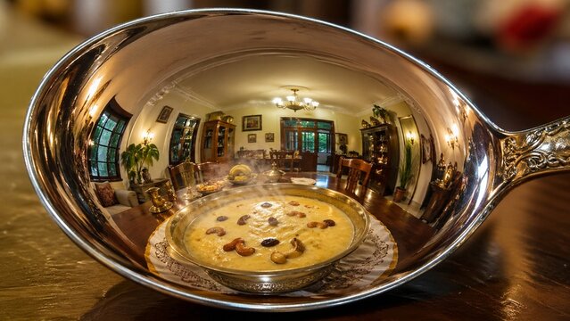 Steaming bowl of traditional indian dessert payasam presented inside a large reflective silver spoon for elegant dining