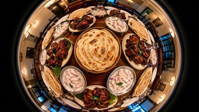 Traditional kerala meal featuring crispy fried chicken parotta bread and refreshing onion raita on a large wooden table