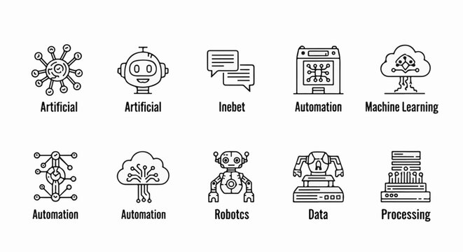 Collection of line icons representing AI, robotics, automation, and data concepts