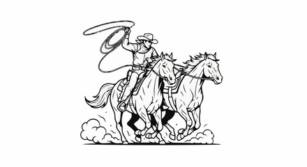 Obraz premium Cowboy lassoing while riding two horses at full gallop