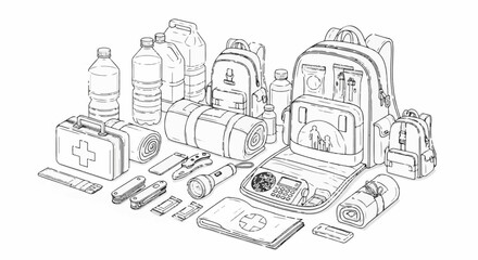 Naklejka premium Collection of survival gear including backpacks, water bottles, first aid kit, and tools