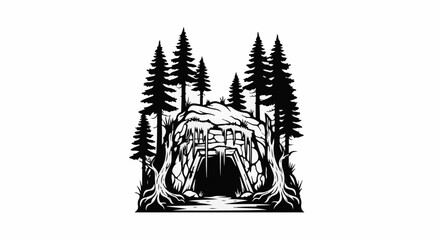 Obraz premium Dark forest cave entrance with icicles and fir trees