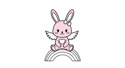 Obraz premium Cute pink winged bunny with a bow sits on a rainbow