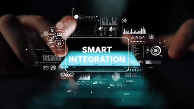 Modern Hands Using Smartphone with Smart Integration Concept and Digital Interface Elements in Dark Environment. Asymptotic smart data analytic.