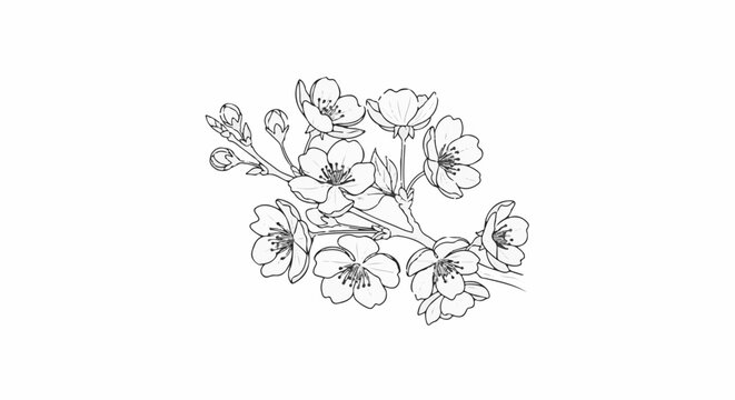 Delicate line drawing of cherry blossoms on a branch