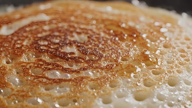 Closeup of a golden brown dosa cooking with oil sizzling and bubbling.