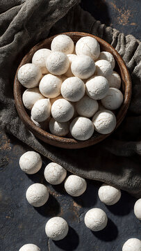 Authentic Tajik Kurut - Traditional Dried Yogurt Balls with Salted Chalky Texture on Rustic Background Flat Lay