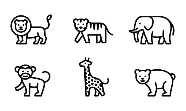 Set of six minimalist outline icons featuring wild animals a majestic lion striped tiger large elephant playful monkey tall giraffe a strong bear elephant wildlife