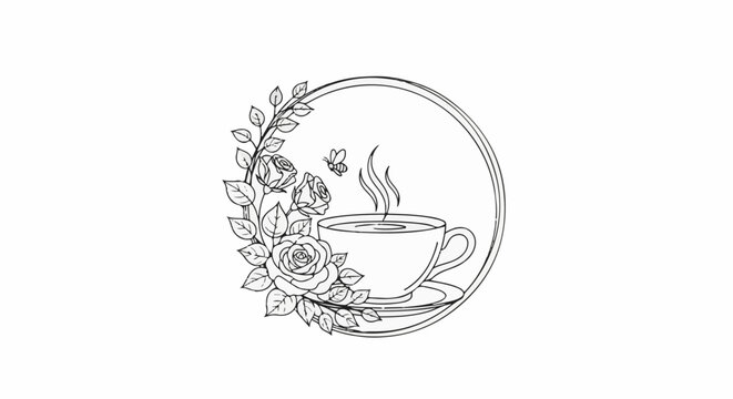 Delicate circular emblem features a steaming cup of coffee amidst blooming roses and a butterfly