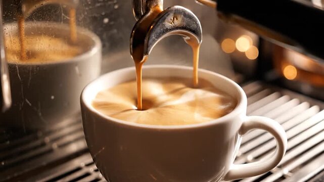 Close-up shot of a coffee machine pouring fresh, hot and aromatic coffee into a white ceramic cup, ready to be enjoyed