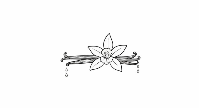 Delicate illustration of a vanilla orchid flower with pods and dripping essence