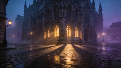 Obraz premium Gothic cathedral at night with fog