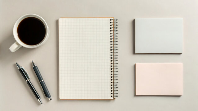 Coffee cup, notebook, and note cards sit on a desk during morning time with pens ready for writing