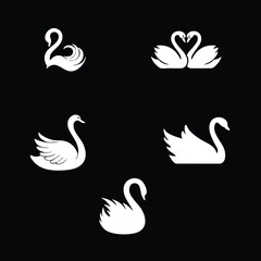 Fototapeta premium Set of Elegant Swan Logo Icons and Vector Silhouettes for Branding, Minimalist White Swan Illustrations Isolated on Black Background, Graceful Bird Symbol Collection