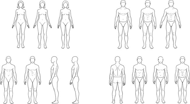 Human body outline templates set with male and female front side and back views for anatomy reference isolated on white background
