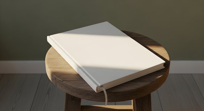 A white book on a wooden stool in a room with green walls and a light shining on it