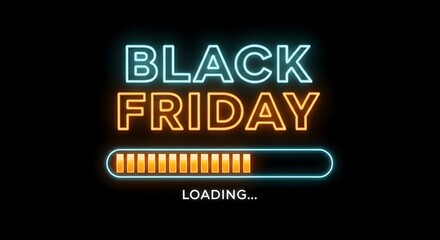 Obraz premium Black friday neon glowing text with loading progress bar