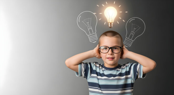 A young boy with glasses covering his ears has a bright lightbulb idea.