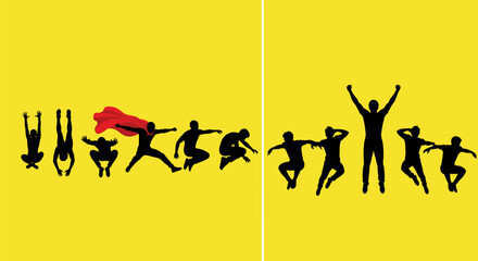 People jumping silhouettes set showing energetic poses with one superhero cape figure isolated on bright yellow background for creative design © MSTMONIRA