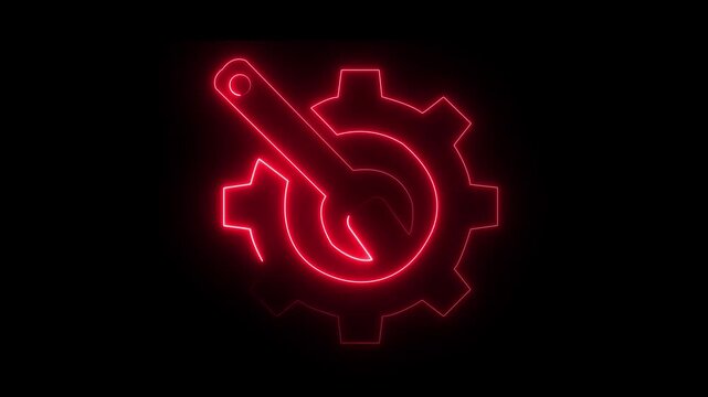 neon gear and wrench icon animation on black background representing service.neon gear and wrench repair icon glowing animation loop on black background