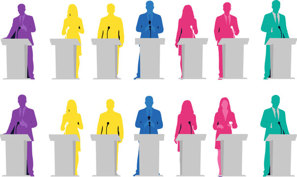 Politician silhouettes speaking at podium set with diverse speakers giving speech isolated on white background for presentation design