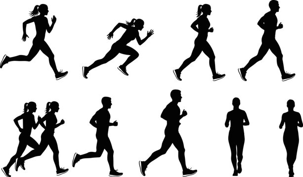 Running people silhouettes set with men and women jogging sprinting in side and front view isolated on white background
