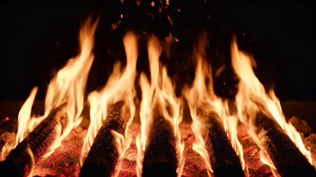 A close-up shot captures the intense heat and flickering flames of a burning wood fire, illuminating the logs and glowing embers.