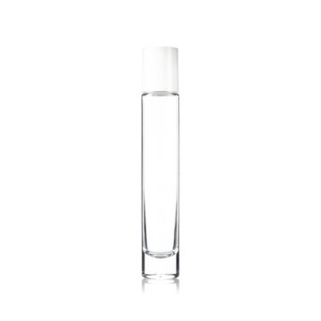 Perfume Bottle Glass tall slim empty vial white cap isolated on a transparent background for cosmetic product mockups